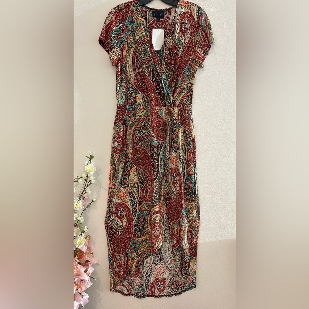CONNECTED APPAREl  Asymmetrical Paisley Dress - Red and Green SIZE 4